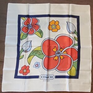 Coach White Blue Red Orange Green Floral Print Square 100% Silk Scarf